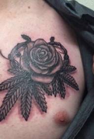 момче тетоважа на градите црно-бел сив стил литературна цветна тетоважа мала свежа растение слика за тетоважа
