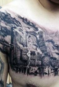 padrão de tatuagem de castelo em chamas preto e branco