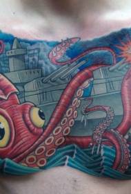 Calamaro divertente del fumetto di progettazione che attacca il modello del tatuaggio della nave da guerra
