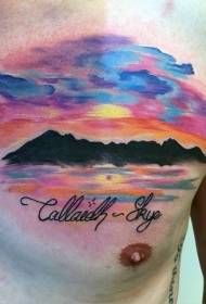 chest very much Beautiful colorful mountain with letter tattoo pattern