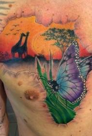 chest color African landscape Tattoo pattern with giraffe and butterfly