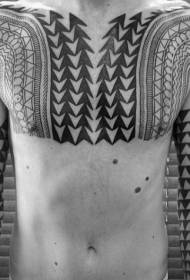 arm and chest large black and white tribal geometric decorative tattoo pattern