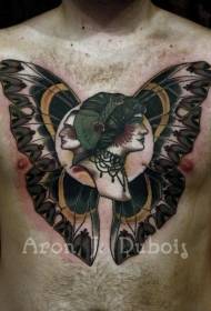 Göğüs rengi kadın ve erkek portre kelebek kanatları dövme deseni ile