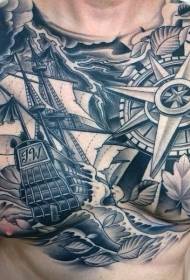 грудь крупномасштабная черно-серая морская тема татуировки