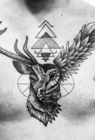 チェストブラックの幾何学的なフクロウと鹿の頭の組み合わせタトゥーパターン