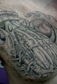 Patrón de tatuaje mecánico biomecánico gris negro de pecho