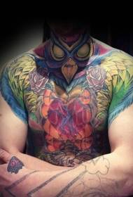 modello di tatuaggio di uccelli e fiori misterioso di colore incredibile per petto e spalla