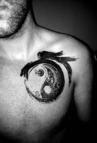 Αρσενικό στήθος θεαματικό μαύρο και άσπρο Yin Yang κουτσομπολιά και καλαμάρι τατουάζ Pattern 51438 - στήθος ασιατικό στυλ χρωματισμένη φλόγα και πρότυπο τατουάζ Prajna