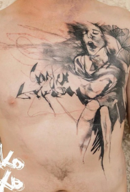 krūtinės juodos linijos portretas su lapų tatuiruotės modeliu