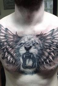 胸部寫實風格黑獅子和翅膀紋身圖案