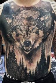 nevjerojatan crno-bijeli realistični uzorak šuma tetovaža šumskog vuka