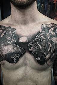 Europska i američka prsa crno siva glava vučje glave tetovaža uzorak