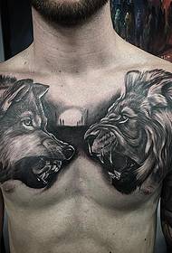 Turai da Amurka kirji baki launin toka wolf shugaban zaki tattoo ƙirar