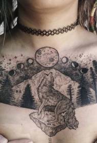 bröst gravyr stil svart natt skog och varg tatuering mönster