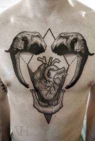 Zwarte olifant hoofd in realistische stijl met hart tattoo patroon