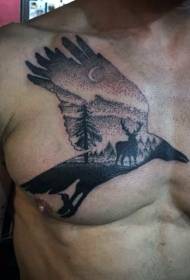 Patrón de tatuaje de cuervo negro estilo pinchazo en el pecho