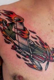 modello di tatuaggio dell'aeroplano che brucia di colore vecchia scuola petto