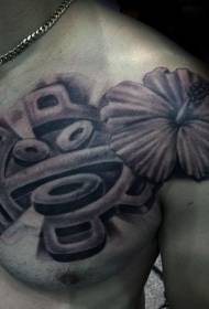 spalla e petto fiori neri grigi clown statua tatuaggio modello