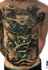 ຫນ້າເອິກ Fancy hourglass ສີແລະຮູບແບບ tattoo ກະໂຫຼກຮູບຄົນຍິງ