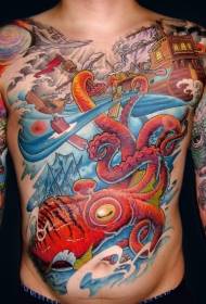 หน้าท้องการ์ตูนวาดปลาหมึกโจมตีรูปแบบการแล่นเรือใบสัก