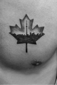 татуировка на кленов лист фигура мъжки гърдите черна снимка на татуировка на кленов лист