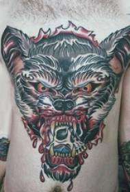 druipende wolf hoofd tattoo foto man borst op gekleurde schedel en druipende bloed wolf hoofd tattoo Foto