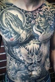 胸部和腹部宗教風格雕塑鴿子手紋身圖案