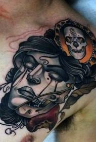 chest school painted funny devil woman portrait with skull tattoo pattern