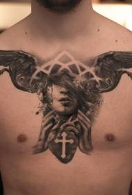 chest mysterious black woman face with heart wing tattoo pattern