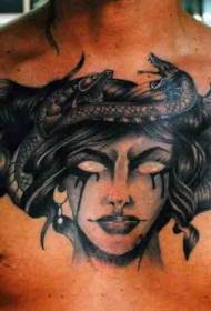 krūtinė juokinga juoda pilka blogis Medusa kūno tatuiruotės modelis