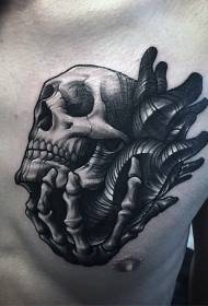 petto Cuore nero in stile incisione con motivo tatuaggio teschio