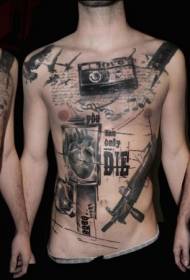 bryst og abdomen sort kamera pistol brev tatoveringsmønster
