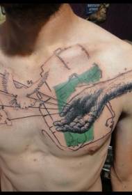 Mão de estilo de gravura no peito e linha padrão de tatuagem de pomba