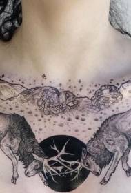 Estilo de grabado en el pecho Patrón de tatuaje de ciervo y montaña negro luchador