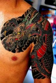 male painted half-Asian style multicolored dragon tattoo pattern
