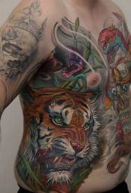 Tigre enojado de peito e abdome coloreado con patrón de tatuaxe de mariposa e serpe
