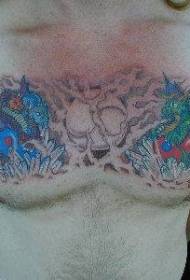 гърдите син и зелен дракон и луна татуировка модел