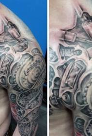 Ọkara nke America Black Grey Mechanical Gear Tear Tattoo Pattern