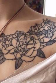 груди црна линија ружа комбинација град тетоважа узорак