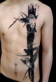 гърдите и корема черно сив реалистичен модел татуировка на птици