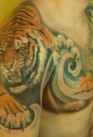 Half-Asian-style multicolored realistic tiger dragon tattoo pattern