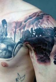 Modello di tatuaggio di scena di film guerriero spartano nero spalla e petto