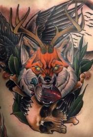 Këscht Faarf béise Fuchs mat Häerz-Schädel Kräiz Tattoo Muster