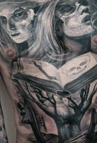 prsni črni skrivnostni demon ženski portret in čarobni vzorec tatoo knjige