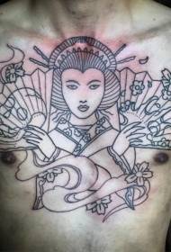 männlech Boobs asiatesch Stil schwaarz Geisha Fan Tattoo Muster