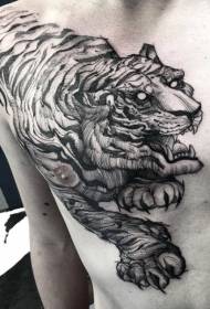 грудь реалистично черная гравюра стиль большой тигр тату