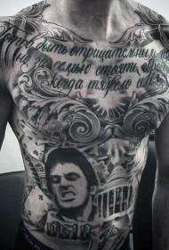 boarst abdomen swarte letters en manlik portret tattoo patroan