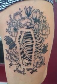 бедро черная линия человеческие грудные кости с прозрачным рисунком тату гроба