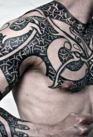 Krūtinės ir rankos juodos ir baltos spalvos „Totem“ šarvų tatuiruotės modelis