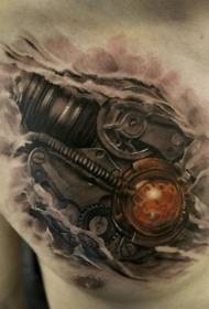 petto nero meccanico con motivo tatuaggio sfera gialla